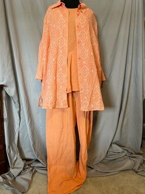 Vintage Orange Printed Three-Piece Wide-Leg Set Vicki Wayne Drawstring & Button